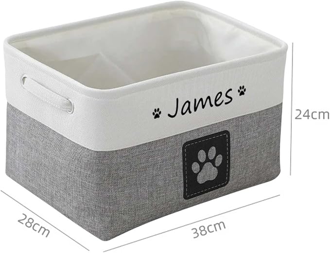 Custom Name Pet Dog Toys Basket/Bin, Paw Custom Personalized Logo Cat Clothes Box Accessories Organize Storage Bin, 4 Patterns Round Paw, Classic Paw, Heart or Name Only (Gray)