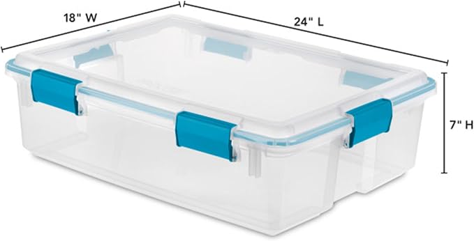 Sterilite Gasket Storage Box with Lids for Home & Office, 37 Quart, 8-Pack | Heavy-Duty, Stackable, and Organizing Containers for Bathroom, Cabinet, Closet, and Garage, Clear and Blue Aquarium Latches