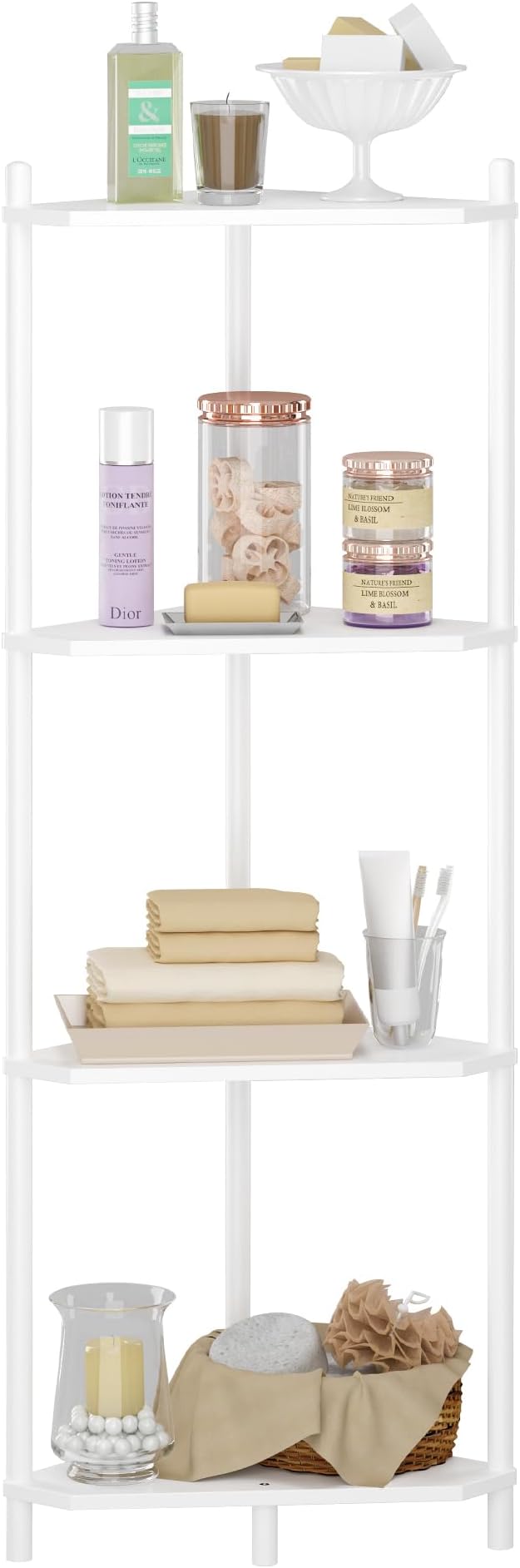 Wisuce White Small Corner Shelf Stand, 4-Tier Bamboo Corner Bookshelf | Space-Saving Narrow Corner Shelf | Bathroom Corner Shelf | Shelves for Bedroom, Living Room, Kitchen & Plant Display