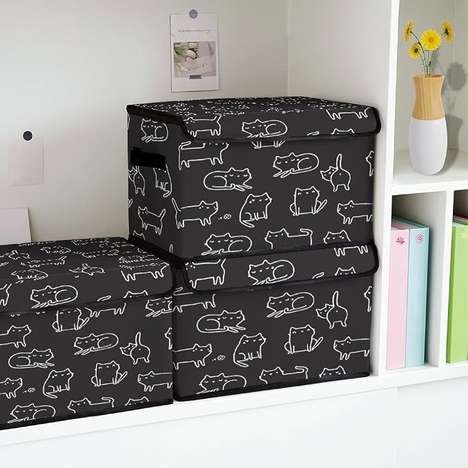 Stackable Clothes Storage Bins with Lids 3 Pack. | Closet Organizers Fabric Cat Printing Box for Home and Office,Blanket Clothes Organizers,Under Bed Storage Containers