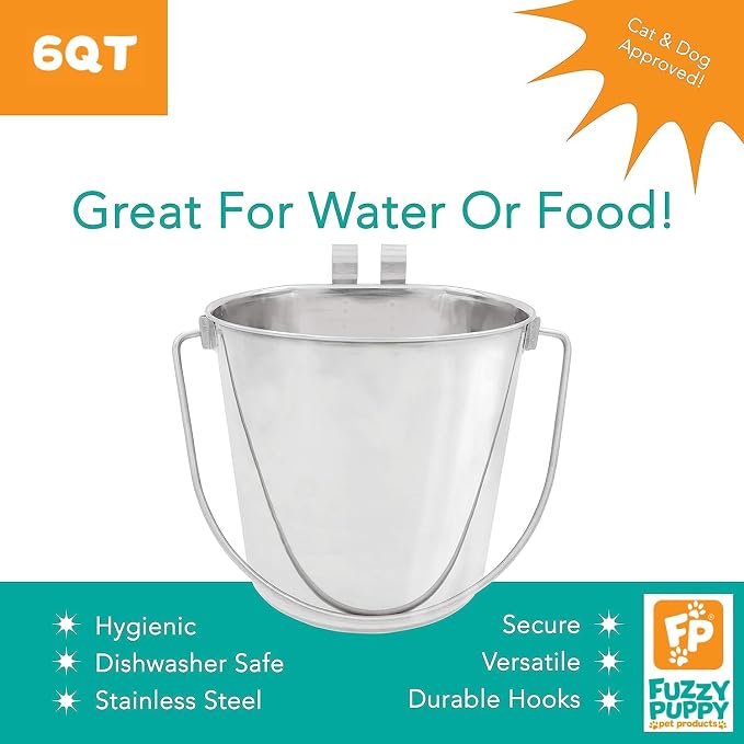 Flat Sided Pail with Dual Hooks, Snugly Fit On Dog, Cat and Critter Crates & Cages, Heavy Duty Stainless Steel | 6 Quart (PN: FSP-6)