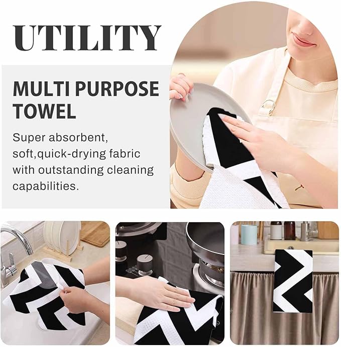 Geometric Waffle Kitchen Dish Cloths Monochrome Abstract Black White Stripes Ultra Soft Absorbent Quick Drying Dish Towels 16 X 24 Inches Set of 2