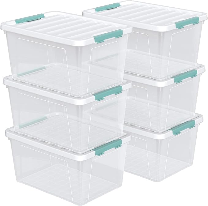 35 Quart Stackable Plastic Clear Storage Bins with Lids, 6 Packs | Plastic Latching Organization Tote Boxes