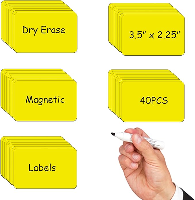 3.5x2.25 Dry Erase Card Magnetic Labels,Magnet Labels for Storage and Organization,Easy Wipe Magnetic Tape Strips for Teacher Supplies in School,40PCS（Yellow）