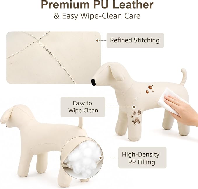 Dog Mannequin PU Pet Clothing Display Stand Cute Dog Hangers for Clothes Store Leather Pet Sewing Mannequin Durable Puppy Standing Model (White, Large)