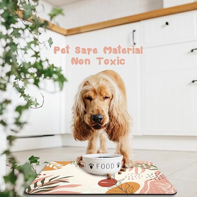 Dog Food Mats for Floors Waterproof, Pet Water Bowl Mats Pet Feeding Absorbent Placemats Bohemia Tropical Leaves 16 * 24 inch