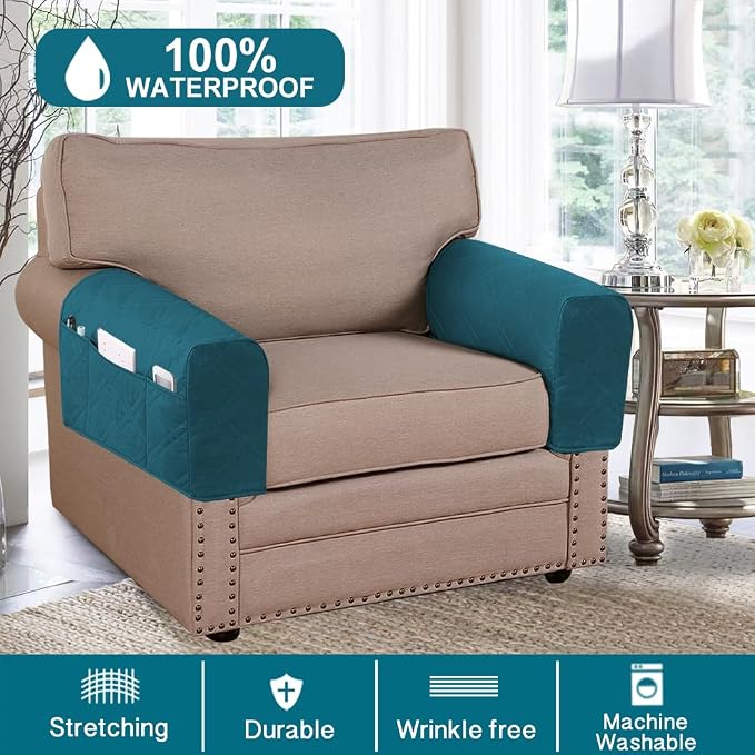 2-Pack Waterproof Armrest Covers for Couches & Chairs – Anti-Slip Furniture Protectors with Side Pockets, Washable Sofa Arm Covers, Universal Stretch Fit (Fits Most Armrests) (Dark Teal)