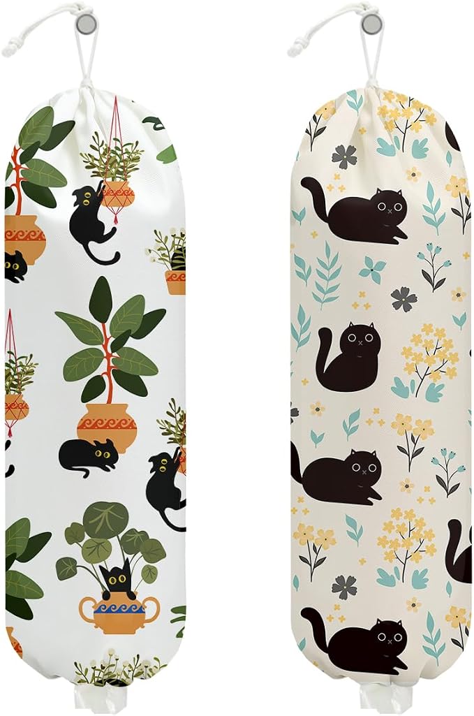 2Pcs Cute Cat Plastic Bag Holder, Vintage Floral Greenery Plastic Bag Holders for Grocery Bags, Washable Grocery Bags Storage Dispenser for Home Kitchen Pantry Decor, Cat Lover Gifts for Women