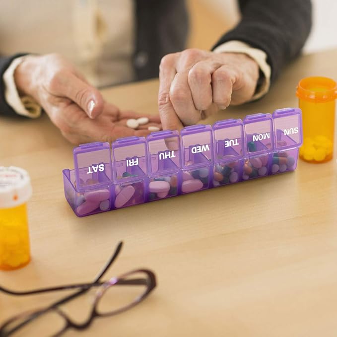 Sukuos Extra Large Weekly Pill Organizer, 7 Day Daily Pill Box Case Arthritis Friendly, Silkscreen Printed Medicine Container with Clear Lid for Vitamins, Fish Oils or Supplements (Purple)