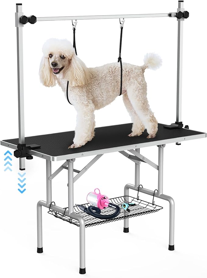 42'' Foldable Dog Grooming Table with Arms/Nooses/Mesh Tray, Black | Stainless Steel Grooming Table for Dogs at Home, Adjustable Pet Bathing Station, Non-Slip Waterproof Tabletop, Capacity 330Lb