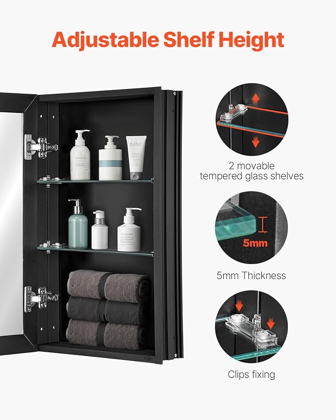 VEVOR Medicine Cabinet, 14 x 24 inches, Medicine Cabinet for Bathroom with Mirror, Aluminum Frame Bathroom Wall Cabinet, 2-Layer Adjustable Shelves, Recessed & Wall-Mounted Installation
