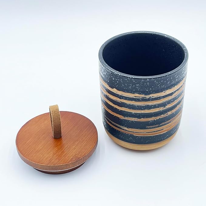 10oz Ceramic Food StorageContainer with Lid & Spoon,Sugar Bowl,Airtight Coffee Matcha Containe,Loose Leaf Tea Storage,Salt Cellar,Spice Jar(Black Spiral Pattern)