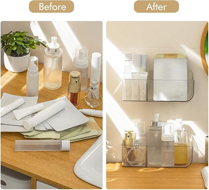 Poeland 2 Pack Wall Mount Storage Organizer, Clear Storage Box Holder Basket with 3 Compartments No Drilling Hang Walls/Doors for Kitchen, Cabinet, Bathroom, Bedroom, Office