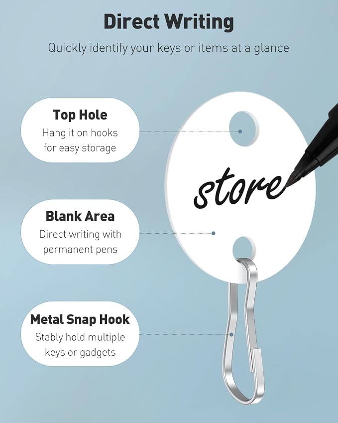 Uniclife 100 Pcs Key Tags 1 Inch Plastic Key Chain Tags with Metal Snap Hooks Double-Sided Writable White Tags Sturdy Key Item Identifiers for Home and Office