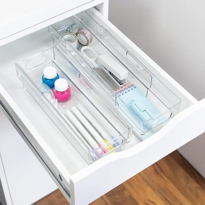 Isaac Jacobs 2-Pack Clear Expandable Storage Bins - Extra Small | 11"-19" L x 3.9" W x 3.1" H, Plastic Organizer with Cut-Out Handles, Adjustable Length from 11-19" for Home, Kitchen & Office