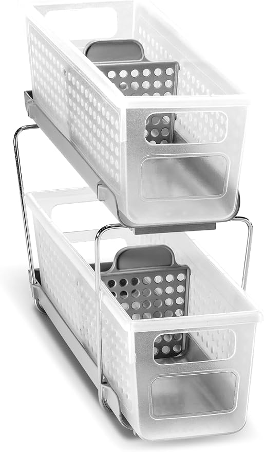 madesmart Mini 2-Tier Organizer, Multi-Purpose Slide-Out Storage with Handles and Dividers for Home and Bath, Frost | pull out bins, adjustable dividers, tiered access, cleaning supplies, under sink use, pantry bottles, woman owned