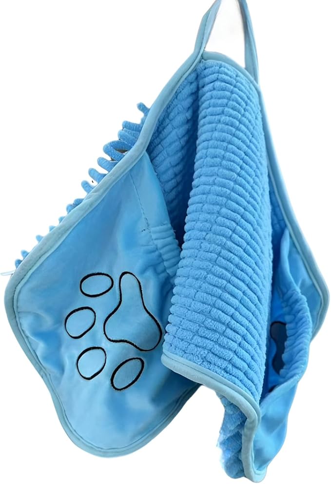 Super Absorbent Dog Drying Towel - 24.4''x10'' Chenille Microfiber Pet Bath Towel with Dual Hand Pockets, Quick Dry Soft Grooming Towel for Small Medium Large Dogs and Cats, Machine Washable (Blue)