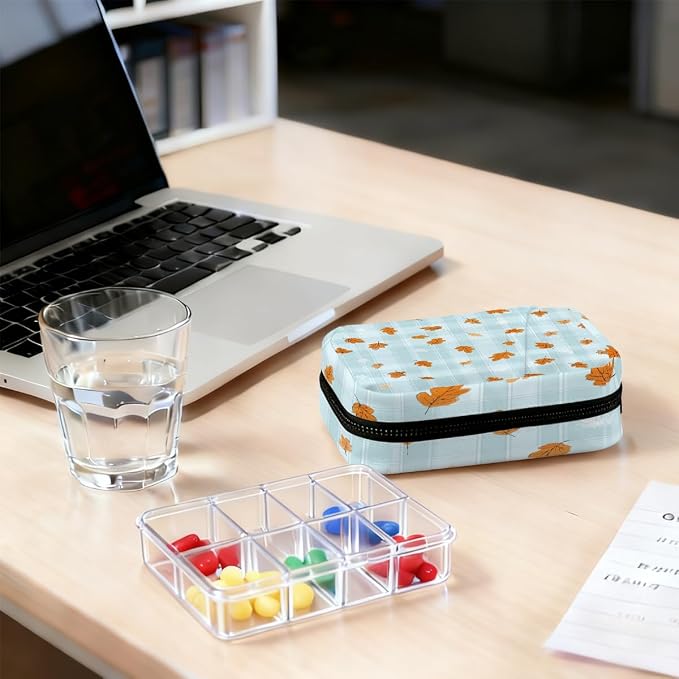 Travel Pill Organizer Blue Plaid Autumn Leaf Small Pill Case