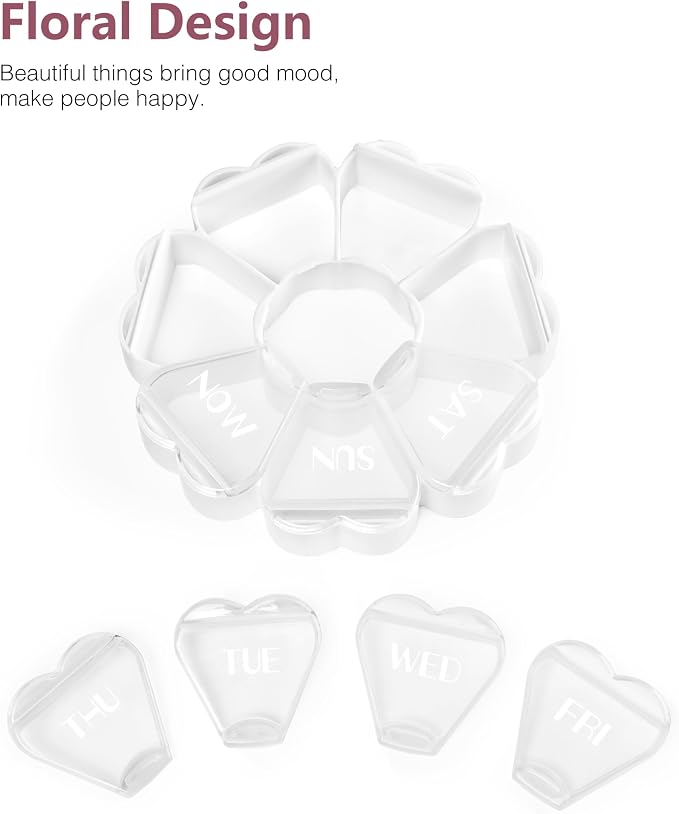 MOLN HYMY Large Weekly Pill Box 7 Day, Cute Pill Case Organizer 1 time a Day, Floral Pill Container Once Daily, Pretty Medicine Dispenser for Vitamin/Fish Oil/Medication/Supplements (Clear White)