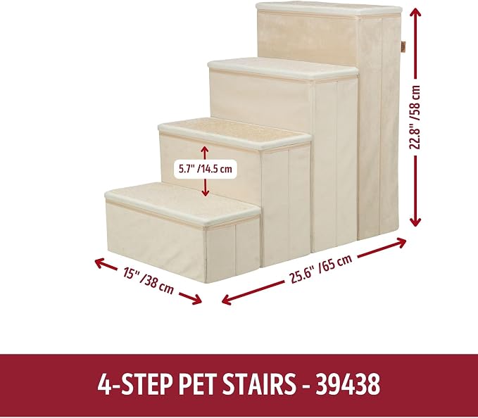 TRIXIE 4-Step Velour Pet Stairs, Beige | Collapsible, Storage Compartments for Pet Toys, Ideal for Dogs and Cats
