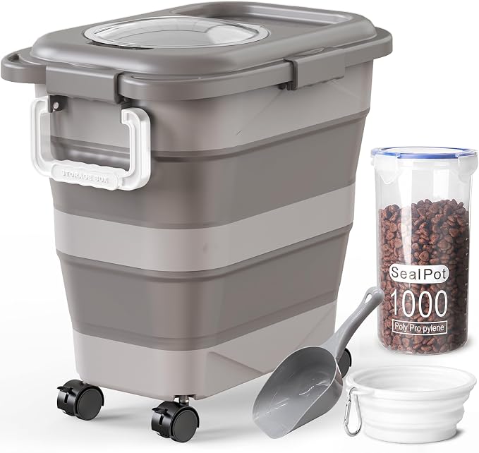 Collapsible Dog Food Container for 10-25 lbs, Airtight Storage Bin | Magnetic Clear Lid with Scoop & Wheels, Space-Saving Design for Dog & Cat Kibble, Rice, Flour, Khaki