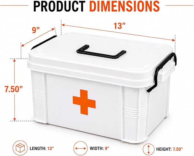 White Large Empty Medical Box for Home Emergency Supplies, Travel, Car, and Dorms – Compact First Aid Box with Handle, Detachable Tray and Locking Lid – Medical Organizer and First Aid Kit Storage