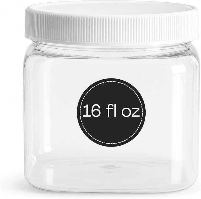 Pride Of India | Clear Food Grade PET Plastic Square Grip Storage Jar w/Cap 16 Fluid Ounces | 2-3 Cup Storage Capacity | Airtight Seal & Easy Handling | Store Sugar, Spices, Nuts, Seeds & Pet Treats