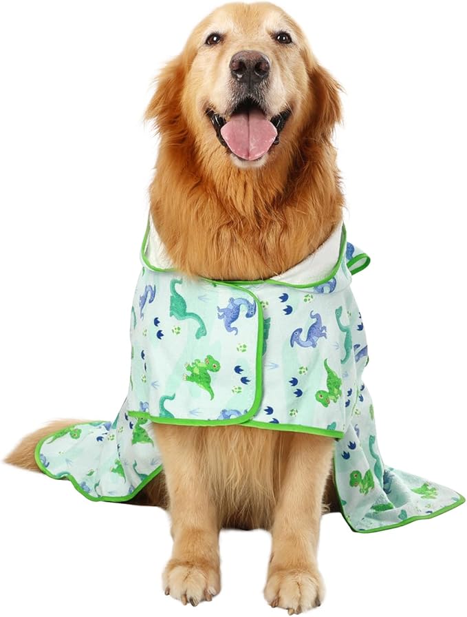 HDE Dog Bathrobe Super Absorbent Quick Drying Puppy Towel Wrap Coat Adjustable After Bath Robes with Hood for Dog Sizes S-XXL Cute Dinosaurs XXL