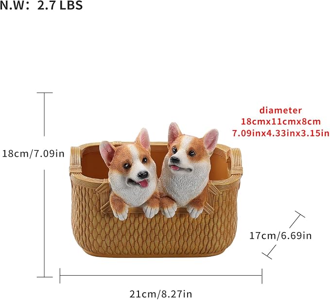 Catchall Bowl Corgi Statue - Decorative Entryway Key Holder & Candy Dish - Cute Double Dog Figurine Organizer for Desk & Room Decor - Pet Lover Housewarming Gift, Double Corgi in Basket