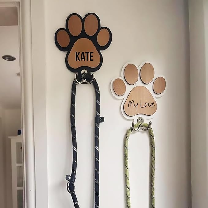 Custom Wood Dog Leash Holder, Personalized Cat Themed Key Holder and Dog Stuff Organizer, Wall Mount Pet Leash Holder with Double Hooks, Customized Names (Custom)