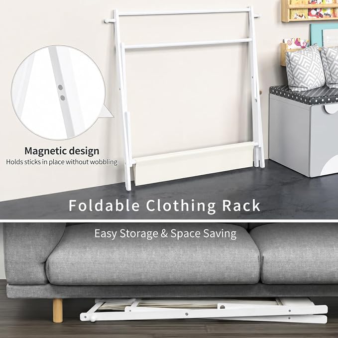 BAMBOOHOMIE Kids Clothing Rack, Small Clothes Organizer Rack, Kids Dress Up Rack with Storage Shelf & Double Rods, Bamboo Child Garment Rack for Playroom Toddler's Bedroom (Large Size - White)