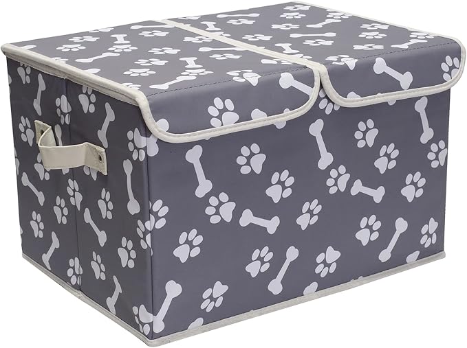 Large Dog Toys Storage Box Canvas Storage Basket Bin Organizer with Lid - Collapsible Linen Bin Ideal for Organizing Dog Cat Toys and pet Stuff-PP Boad-17" x 12" x 10" - Bone Claw