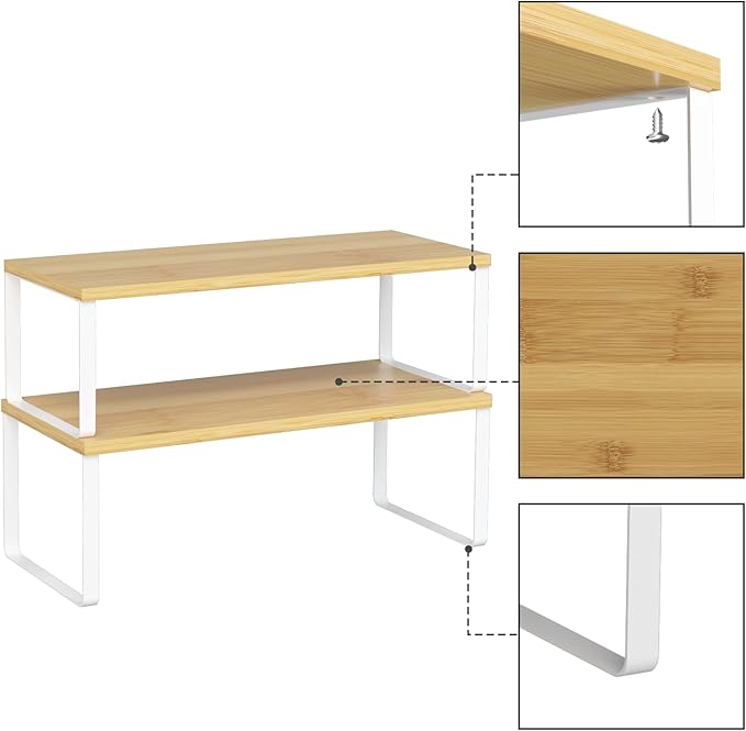 NEX Kitchen Cabinet and Counter Shelf Organizer, Stackable & Expandable, Set of 4, White and Natural - 7.7 x 15.6 x 6.2'' | Stackable Expandable Spice Rack, Space-Saving Pantry Organizers Bathroom Countertop Storage, White and Natural