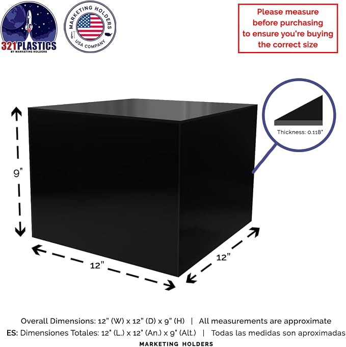 12" x 12" x 9" Acrylic Display Box with One Open Side No Lid Versatile Glossy Black Retail Product Riser or Merchandise Storage Bin by Marketing Holders