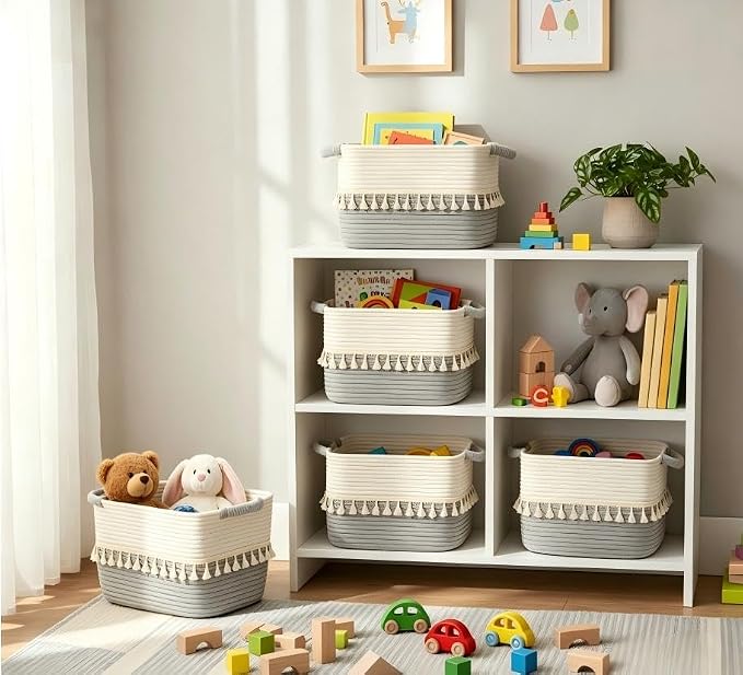 TeoKJ Storage Basket 3 Pack for Organizing, Cotton Rope Baskets for Toy, Clothes, Blankets, Decorative Basket for Living Room, Nursery, Bathroom, White & Gray