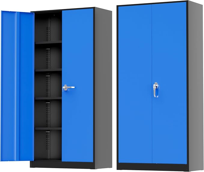 Greenvelly Metal Storage Cabinet with Doors and Shelves, 72" Inch Locking Metal Cabinet,Garage Storage Cabinet for Garage Office School Warehouse (Black Blue)