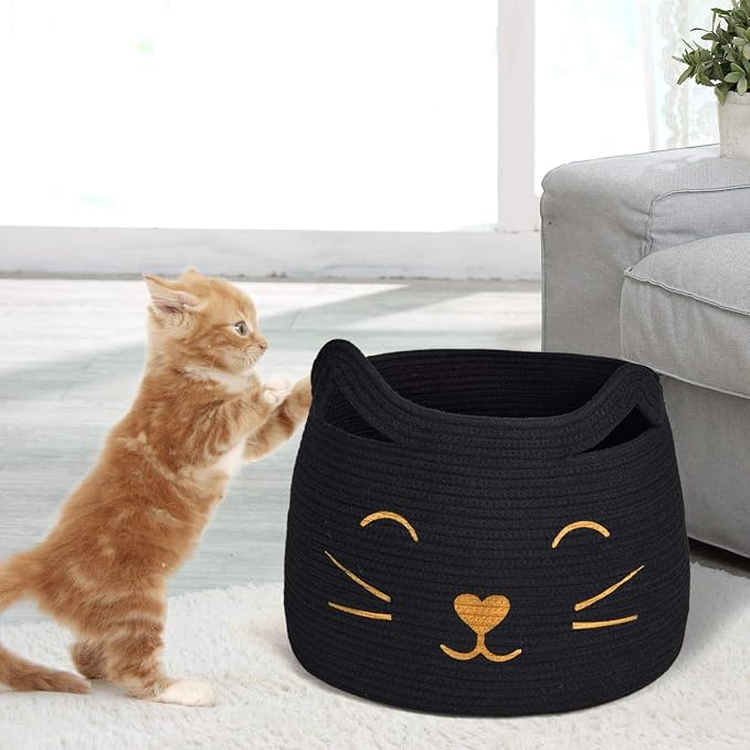 Large Woven Rope Cat Toy Basket with Cat Face Design, Black | 15.7" x 11.8" Toy Bin & Box for Living Room Nursery, Boho Storage Basket for Towels, Blankets, with Sturdy Handles