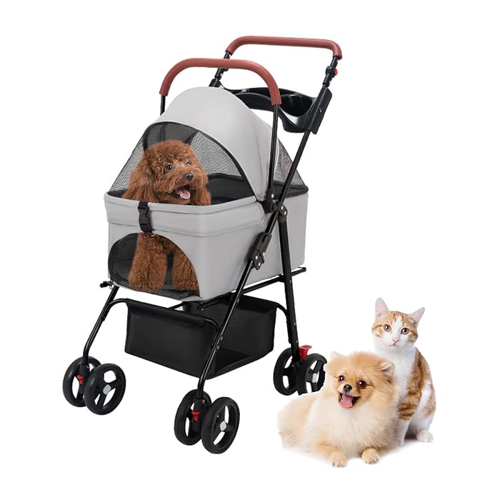 4 Wheels Dog Stroller Folding Pet Strolling Cart for Small Medium Cats Puppies, Dog Stroller, Portable Jogger Travel Camping Puppy Carrier with Storage Basket Cup Holder 1 Set