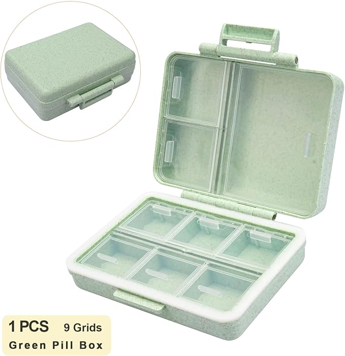 Portable Travel Pill Organizer, 9 Compartments Personal Pill Case | Made from Wheat-Straw Fiber, Daily Small Vitamin Box Dispenser for Pocket Purse, to Hold DHA Supplements Fish Oils, Green