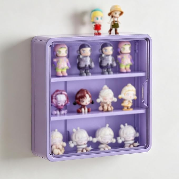 Wall-Mounted Display Case for Blind Box Figures, Clear Magnetic Door Collectible Storage Cabinet, No-Drill Figure Organizer with Shelves, Small or Large, White, Yellow or Purple(Purple,Small)