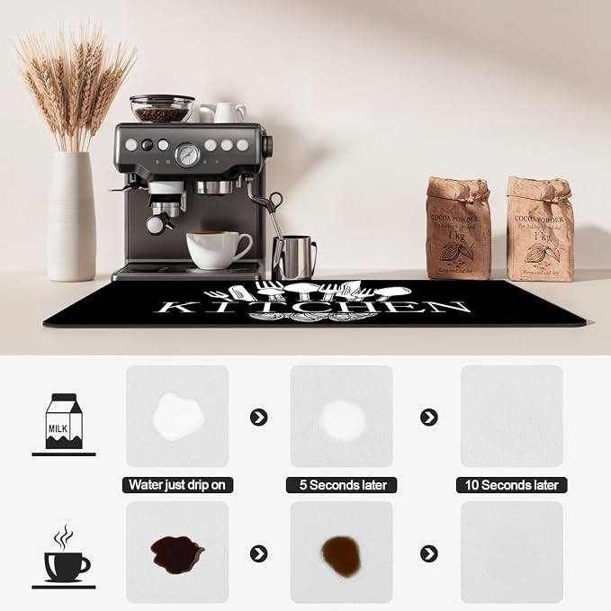 Dish Drying Mat For Kitchen Counter, 12"X20" Absorbent Coffee Bar Mat With Black Knife Fork Spoon Pattern Dish Drainer Rack Mat For Kitchen Counter (black, 12"X20")