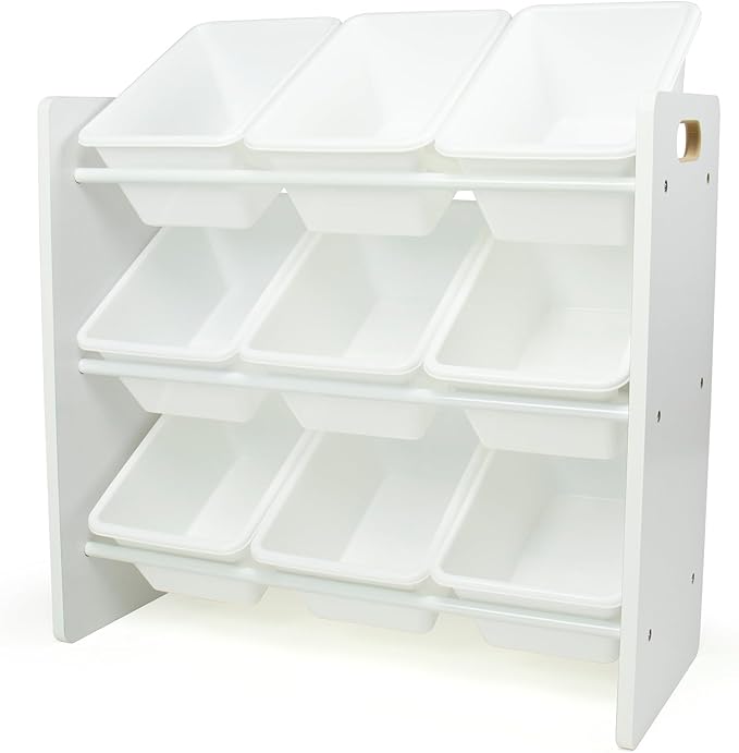 Humble Crew Kids Toy Organizer with 9 Bins, 3 Tier Storage for Playroom | Sturdy wood and steel toddler shelf, removable BPA-free containers, wall anchor anti-tip safety kit for bedroom or classroom