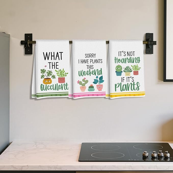 3 Pcs Funny Kitchen Towels, Plant Lover Gifts for Women Gardener Mom, Succulent Cactus Plant Gifts Dish Towel, Leaves Waffle Weave Hand Tea Towels for Kitchen Home Farmhouse Decor-24x14 Inch