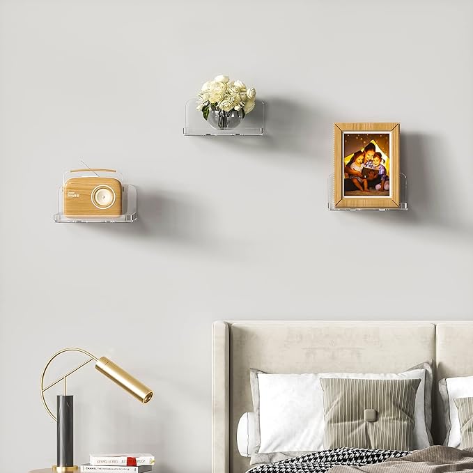 Acrylic Small Wall Mount Floating Camera Shelf 2 Pack Baby Monitor Holder, Echo Dot 5th Wall Mount Storage, Clear Mini Flexible Shelf for Bathroom, Bedroom, Kitchen