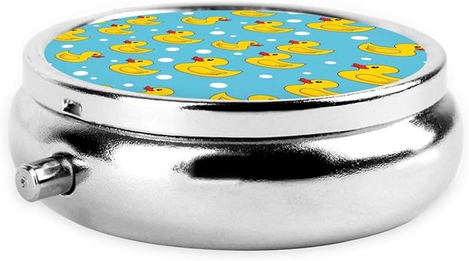 Pocket Pill Box, Waterproof Round Dispenser, Portable Mini Case for Supplements, Daily Use Organizer for Active Lifestyles, Yellow Rubber Duck Print