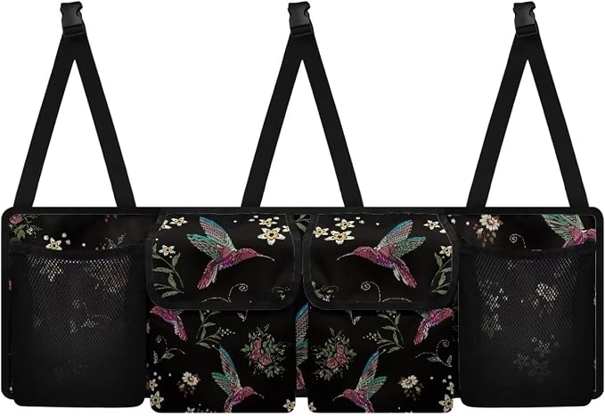 Dreaweet Stylish Hummingbird Flower Print Trunk Organizer for Car, SUV, Truck - 4 Pockets, 3 Adjustable Straps, Pink/Red