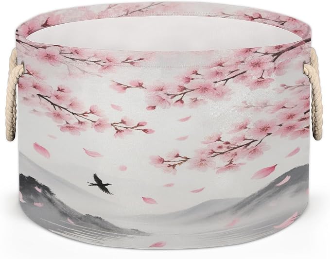 Large Storage Baskets - Cherry Blossoms Bird Nursery Organizer Bin Box with Handles Collapsible Round Laundry Hamper for Kids Toys Pet Blanket, Bedroom Living Room Home Decor Gift Basket
