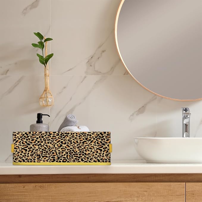 Leopard Skin Animals Bathroom Storage Basket, Foldable with Handle Open Countertop Paper Towel Decorative Box, Toilet Tank Top Shelf Baskets for Home Closet Bedroom Living Room Office