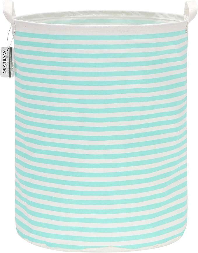 Sea Team Large Canvas Laundry Basket with Handles, Mint Stripes | Collapsible Fabric Laundry Hamper, Closet Shelf Organizers, Containers for Clothing, Blankets, Toys, Bedding, 19.7 x 15.7”