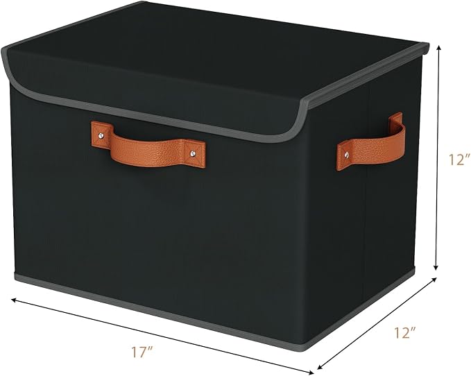 Univivi Fabric Storage Cubes with Lids, Stackable Storage Box, Black, 3 PCS | Heavy Duty, Large Capacity, Leather Handle, Oxford Fabric, Sturdy PP Board, Storage Bins for Bedroom, Closet, Nursery, Office